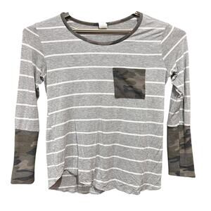 7th Ray Shirt Women Size L Gray White Camo Striped Long Sleeve Made in USA